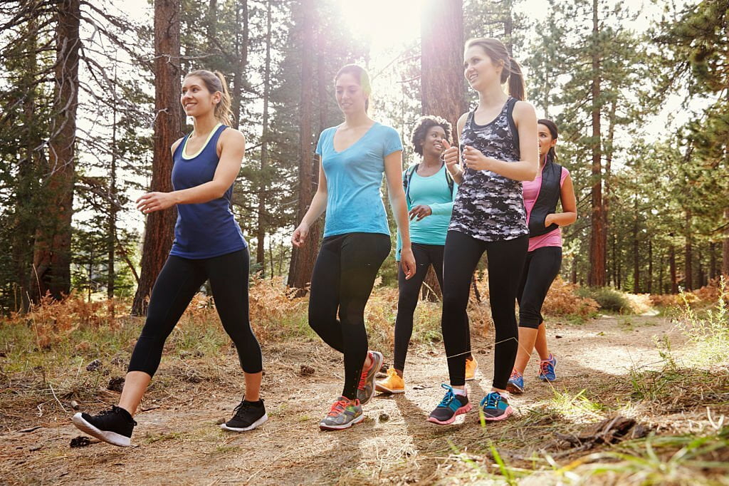 Group Activities of women runners walking in a forest, close up -Psychologists and Therapists